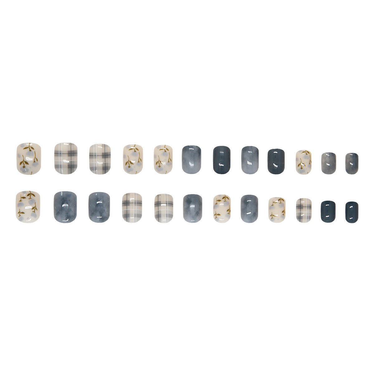 N-357 - Blue Flower & Grid  - Press On Nail Set Of 24 - Free 24 Pcs Sticker Sheet Included