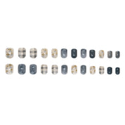 N-357 - Blue Flower & Grid  - Press On Nail Set Of 24 - Free 24 Pcs Sticker Sheet Included