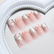 N-154 - Bow & Shiny Pink  - Press On Nail Set Of 24 - Free 24 Pcs Sticker Sheet Included