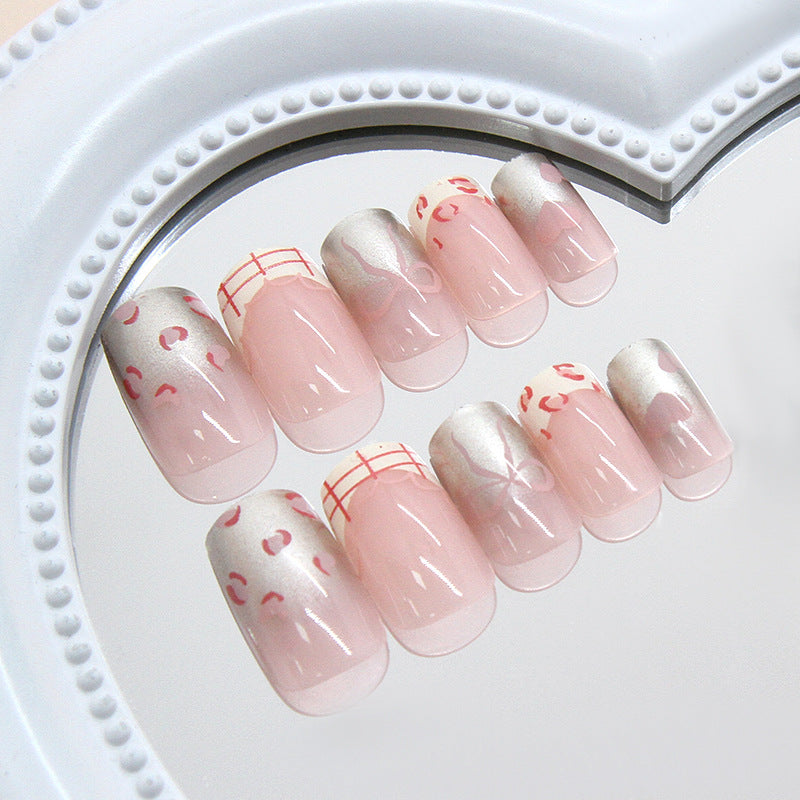 N-154 - Bow & Shiny Pink  - Press On Nail Set Of 24 - Free 24 Pcs Sticker Sheet Included