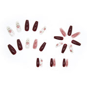 N-262- Pastel Flower & Red  Maroon - Press On Nail Set Of 24 - Free 24 Pcs Sticker Sheet Included