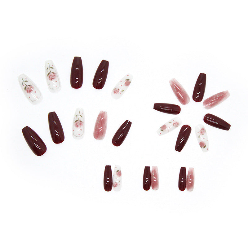 N-262- Pastel Flower & Red  Maroon - Press On Nail Set Of 24 - Free 24 Pcs Sticker Sheet Included
