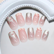 N-154 - Bow & Shiny Pink  - Press On Nail Set Of 24 - Free 24 Pcs Sticker Sheet Included