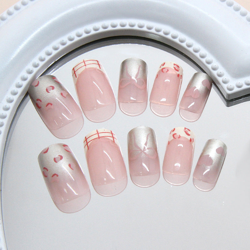 N-154 - Bow & Shiny Pink  - Press On Nail Set Of 24 - Free 24 Pcs Sticker Sheet Included