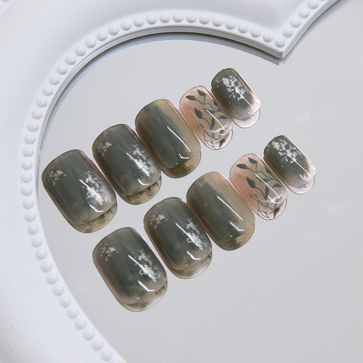 N-287 - Forest Green - Print Press On Nail Set Of 24 - Free 24 Pcs Sticker Sheet Included