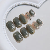 N-287 - Forest Green - Print Press On Nail Set Of 24 - Free 24 Pcs Sticker Sheet Included