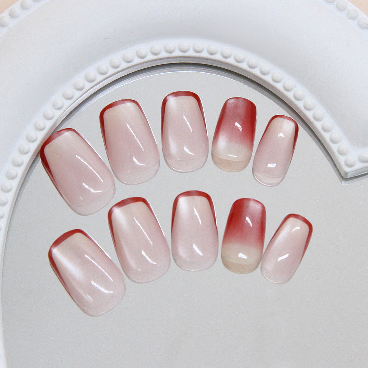 N-305 - Pastel Red Line  - Press On Nail Set Of 24 - Free 24 Pcs Sticker Sheet Included