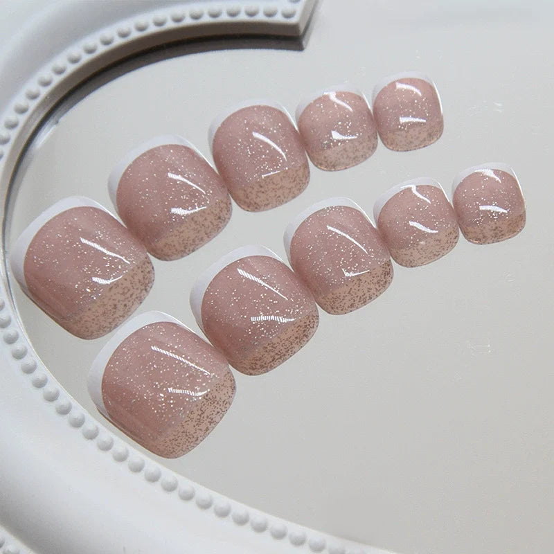 N-351 - Pink Simple French - Toenail Set Of 24- Free 24 Pcs Sticker Sheet Included