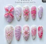 N-380 - Pink Flower - Press On Nail Set Of 30 - Free 24 Pcs Sticker Sheet Included