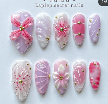 N-380 - Pink Flower - Press On Nail Set Of 30 - Free 24 Pcs Sticker Sheet Included