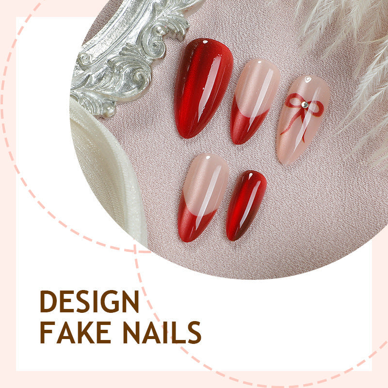 N-340 - Red Bow - Press On Nail Set Of 24 - Free Nail Kit Included