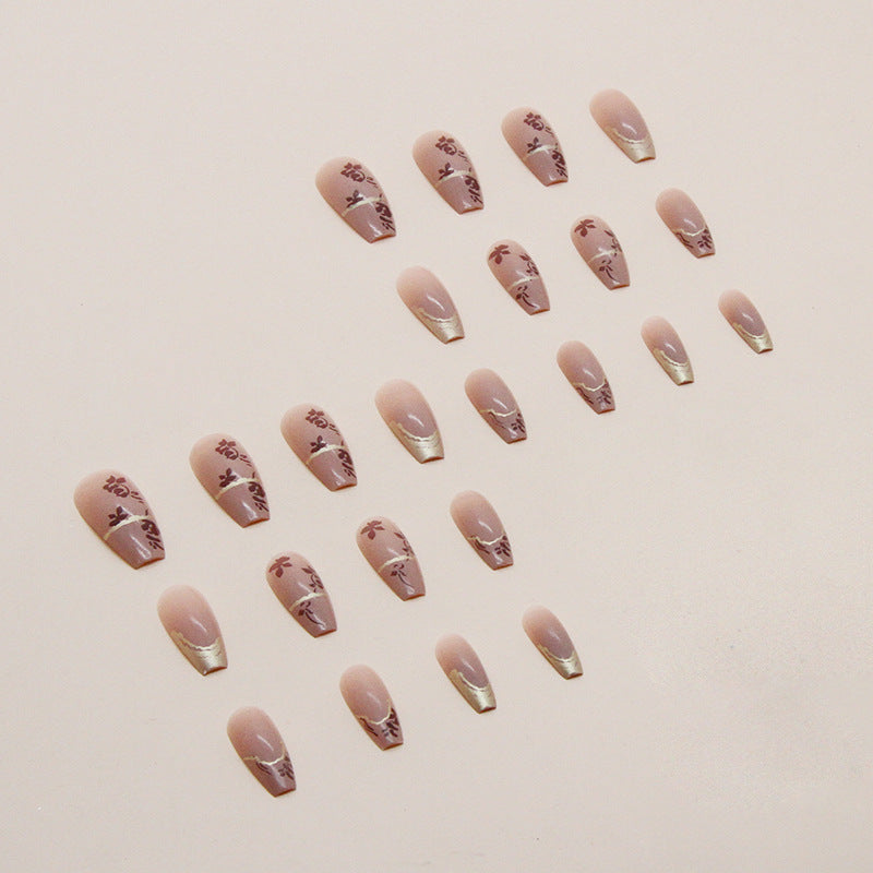 N-263 - Foiled Flower - Press On Nail Set Of 24 - Free 24 Pcs Sticker Sheet Included