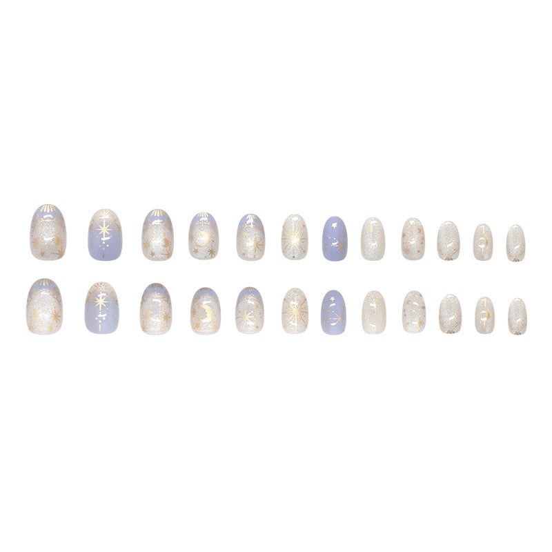 N-224 - Gold Moon  & Star - Press On Nail Set Of 24 - Free 24 Pcs Sticker Sheet Included