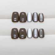 N-253 - Coffee & Crystal White  - Press On Nail Set Of 24 - Free 24 Pcs Sticker Sheet Included