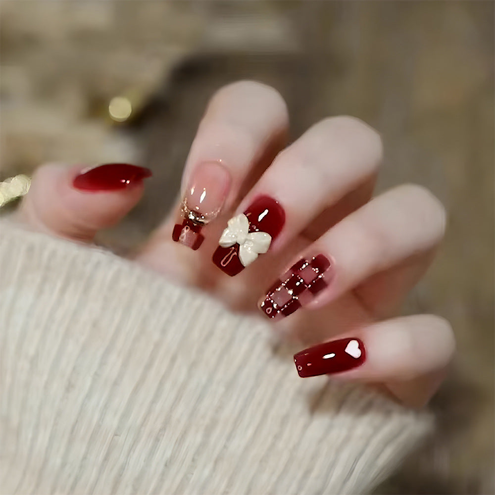 N-327 - Fancy Bow Red Shiny   - Press On Nail Set Of 24 - Free 24 Pcs Sticker Sheet Included