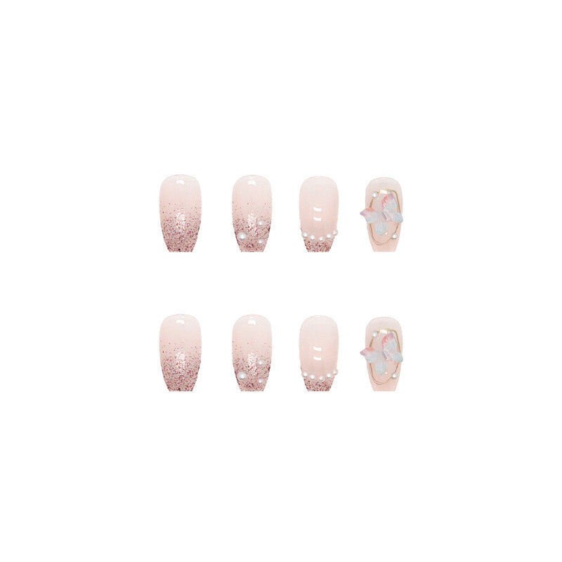 N-152 - Pink Sparkle Butterfly  - Press On Nail Set Of 24 - Free 24 Pcs Sticker Sheet Included
