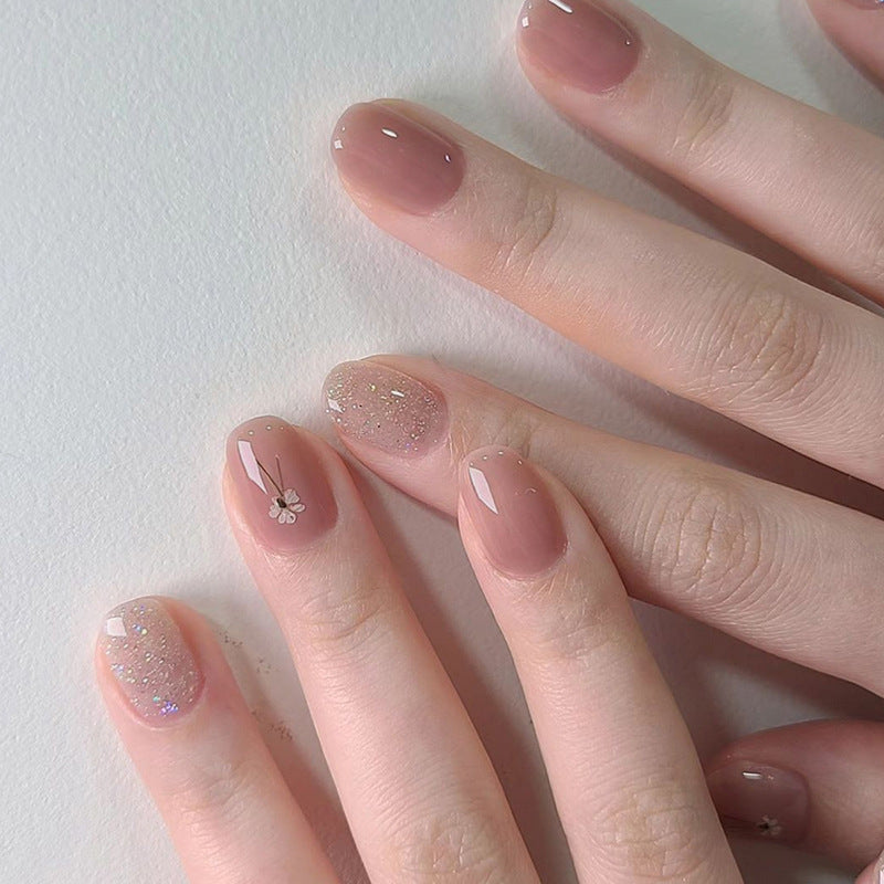 N-110 - Glitter Pink & Flower  - Press On Nail Set Of 24  - Free 24 Pcs Sticker Sheet Included