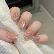N-254 - Pearly Flower  - Press On Nail Set Of 24 - Free 24 Pcs Sticker Sheet Included