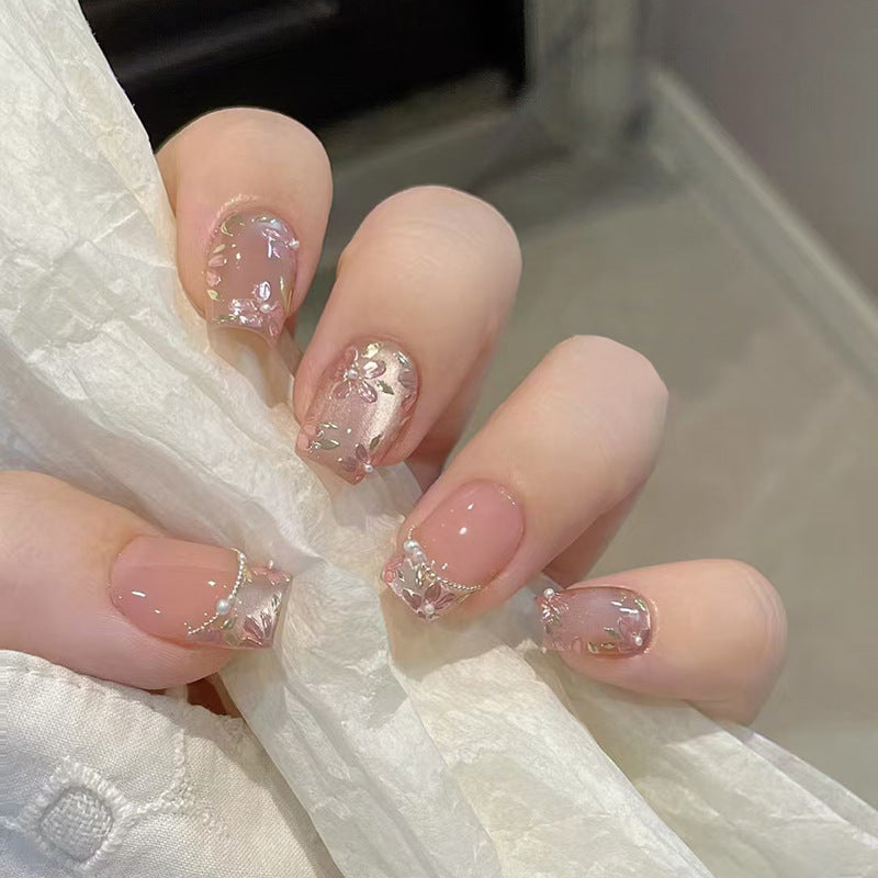 N-254 - Pearly Flower  - Press On Nail Set Of 24 - Free 24 Pcs Sticker Sheet Included