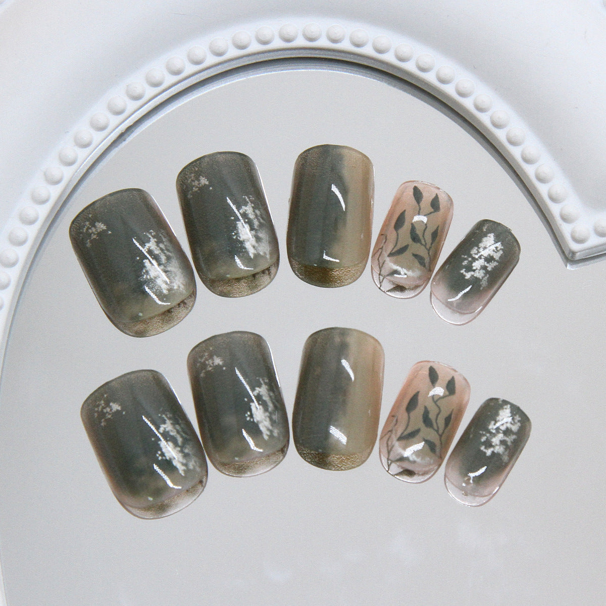N-287 - Forest Green - Print Press On Nail Set Of 24 - Free 24 Pcs Sticker Sheet Included