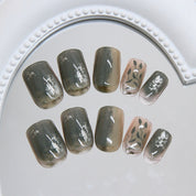 N-287 - Forest Green - Print Press On Nail Set Of 24 - Free 24 Pcs Sticker Sheet Included