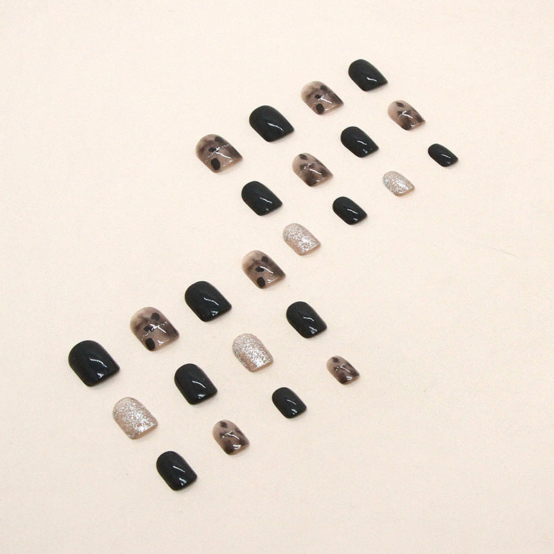 N-194 -  Fancy Foiled Black & Mix - Press On Nail Set Of 24 - Free 24 Pcs Sticker Sheet Included