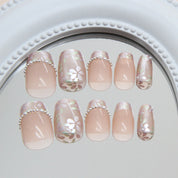 N-254 - Pearly Flower  - Press On Nail Set Of 24 - Free 24 Pcs Sticker Sheet Included