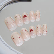 N-222 - Polka Heart Pink - Press On Nail Set Of 24 - Free 24 Pcs Sticker Sheet Included