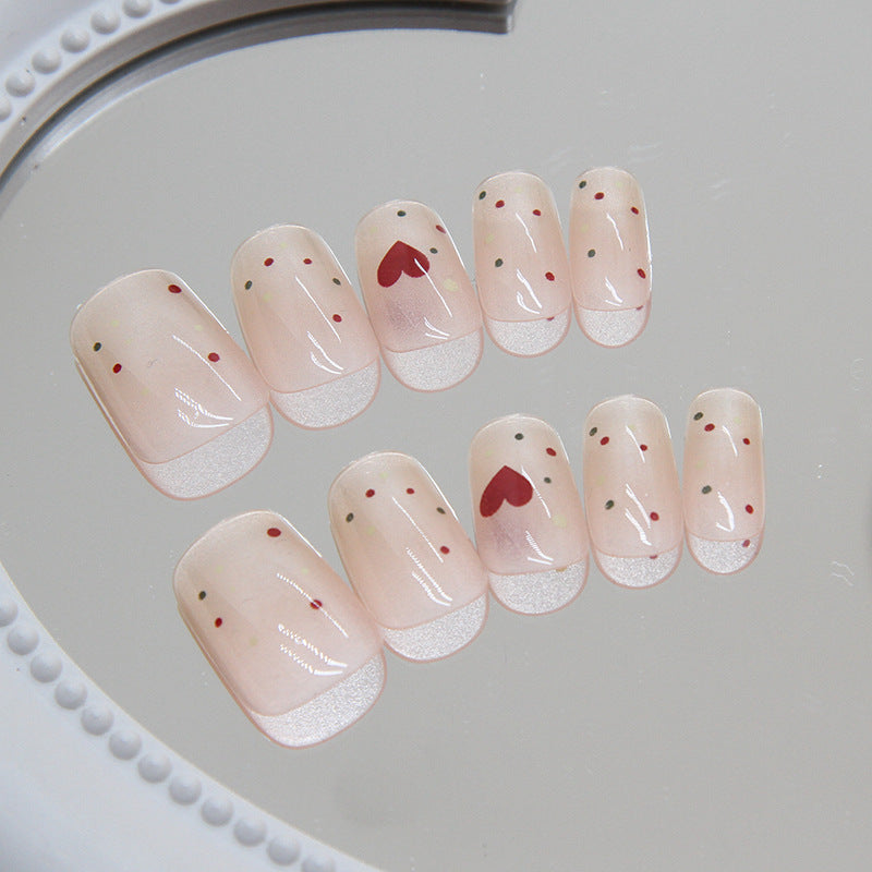 N-222 - Polka Heart Pink - Press On Nail Set Of 24 - Free 24 Pcs Sticker Sheet Included