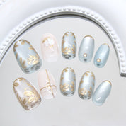 N-252  - Premium Gem Gold Flowers - Press On Nail Set Of 24 - Free 24 Pcs Sticker Sheet Included