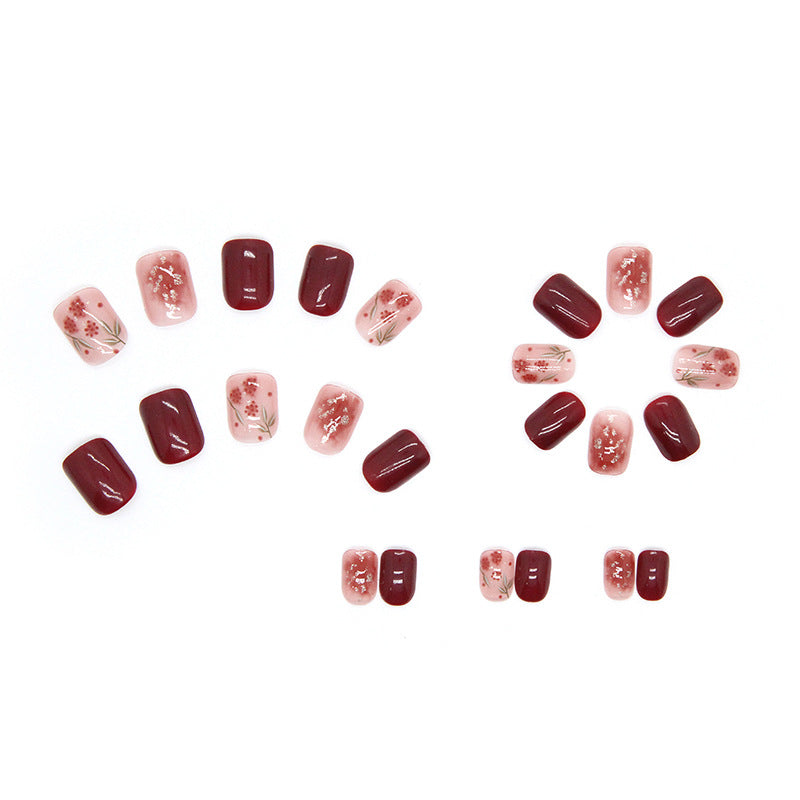 N-193 -  Shiny Maroon Flowers   - Press On Nail Set Of 24 - Free 24 Pcs Sticker Sheet Included
