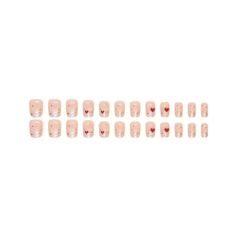 N-222 - Polka Heart Pink - Press On Nail Set Of 24 - Free 24 Pcs Sticker Sheet Included