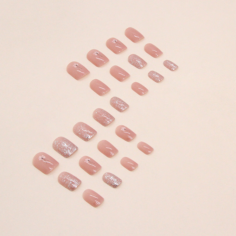 N-110 - Glitter Pink & Flower  - Press On Nail Set Of 24  - Free 24 Pcs Sticker Sheet Included