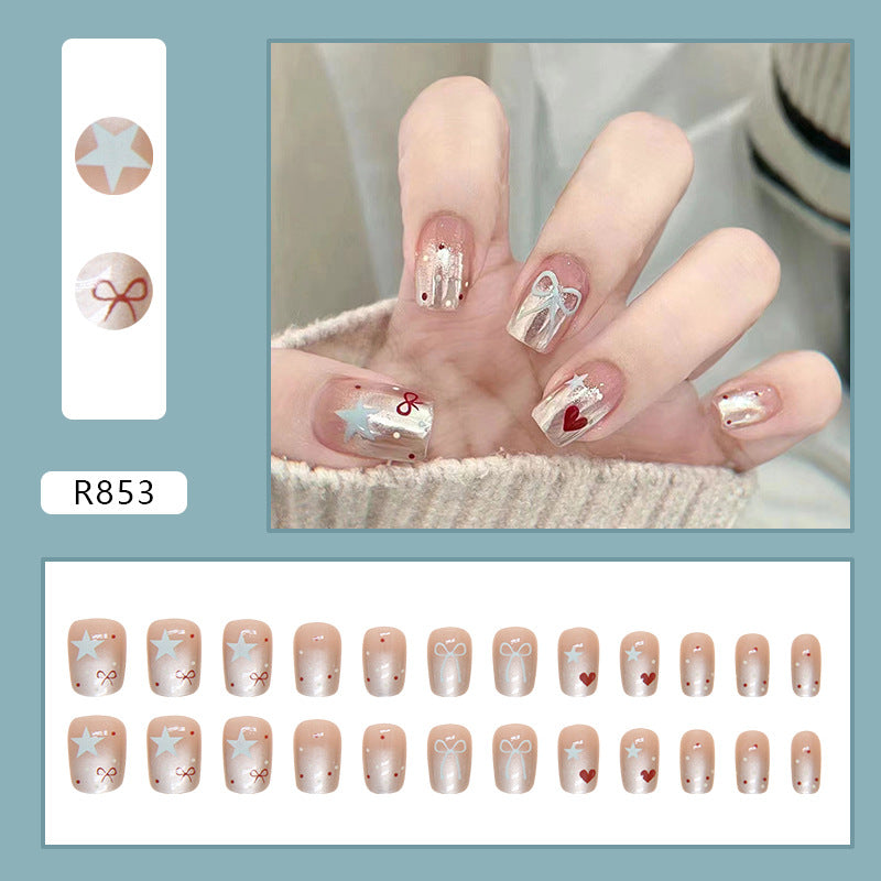 N-186 - Bow & Stars  - Press On Nail Set Of 24 - Free 24 Pcs Sticker Sheet Included