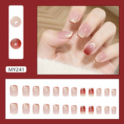 N-305 - Pastel Red Line  - Press On Nail Set Of 24 - Free 24 Pcs Sticker Sheet Included
