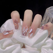 N-181 - Pearl & Dream Butterfly - Press On Nail Set Of 24 - Free 24 Pcs Sticker Sheet Included