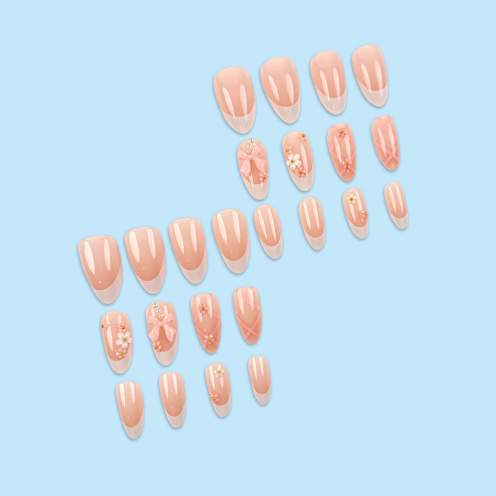 N-330- Bow Pastel   - Press On Nail Set Of 24 - Free 24 Pcs Sticker Sheet Included