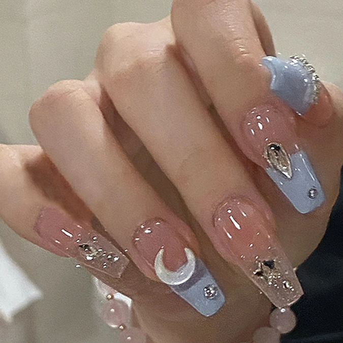 N-171 -Dreamy Moon & Sparkle  - Press On Nail Set Of 24 - Free 24 Pcs Sticker Sheet Included