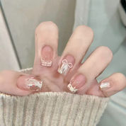 N-154 - Bow & Shiny Pink  - Press On Nail Set Of 24 - Free 24 Pcs Sticker Sheet Included