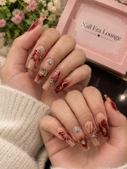 N-3 - Gold Foil Flower Peach - Press On Nail Set Of 12 - Free 24 Pcs Sticker Sheet Included