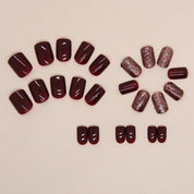 N-115 - Glittery Maroon  - Press On Nail Set Of 24 - Free 24 Pcs Sticker Sheet Included