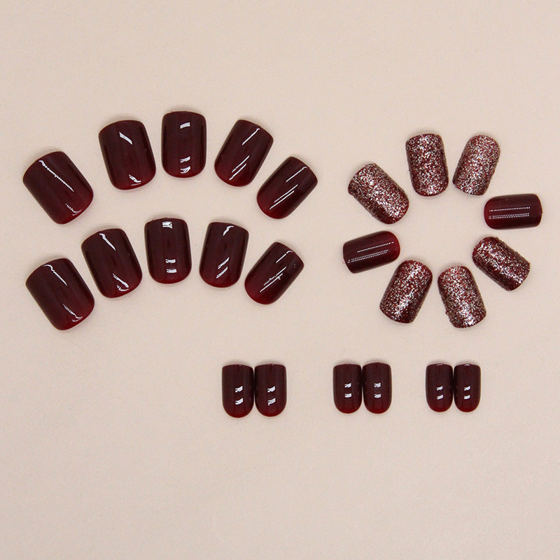 N-115 - Glittery Maroon  - Press On Nail Set Of 24 - Free 24 Pcs Sticker Sheet Included