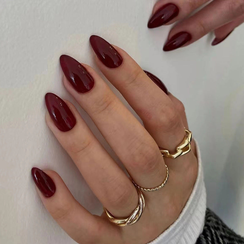 N-137 - Dark Maroon - Press On Nail Set Of 24 - Free 24 Pcs Sticker Sheet Included