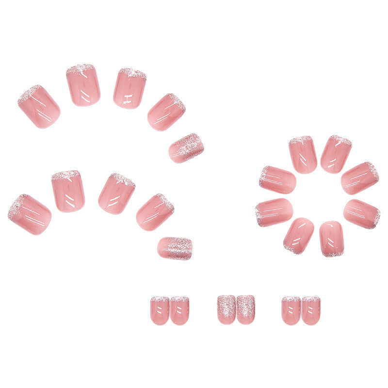 N-118 - Silver Sparkle &  Pink - Press On Nail Set Of 24 - Free 24 Pcs Sticker Sheet Included