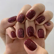 N-115 - Glittery Maroon  - Press On Nail Set Of 24 - Free 24 Pcs Sticker Sheet Included