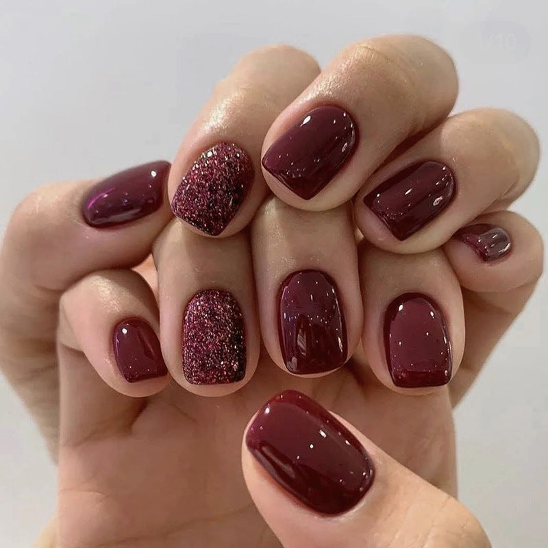 N-115 - Glittery Maroon  - Press On Nail Set Of 24 - Free 24 Pcs Sticker Sheet Included