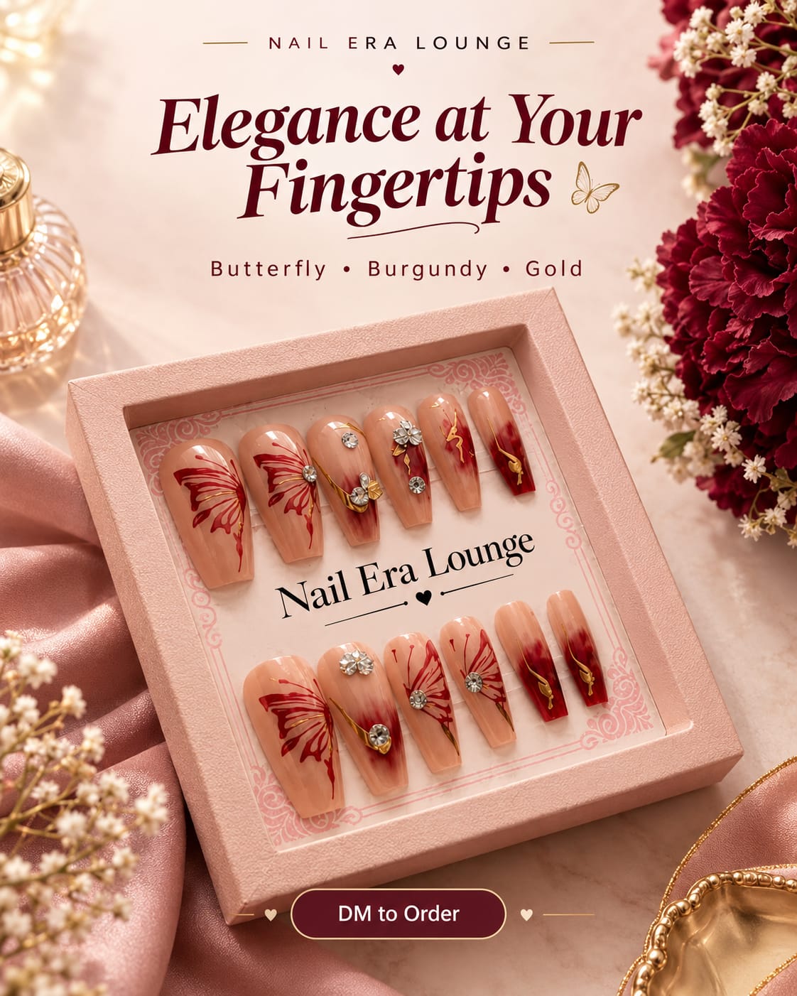 N-3 - Gold Foil Flower Peach - Press On Nail Set Of 12 - Free 24 Pcs Sticker Sheet Included