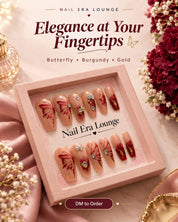 N-3 - Gold Foil Flower Peach - Press On Nail Set Of 12 - Free 24 Pcs Sticker Sheet Included